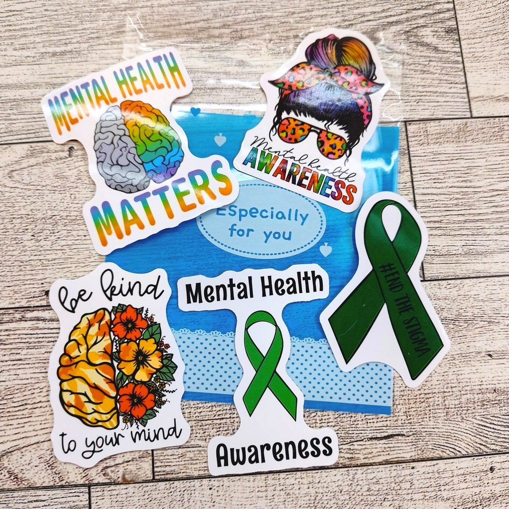 Mental Health Awareness Stickers - Brain Images Green Ribbon - 5pc Set 2.5"